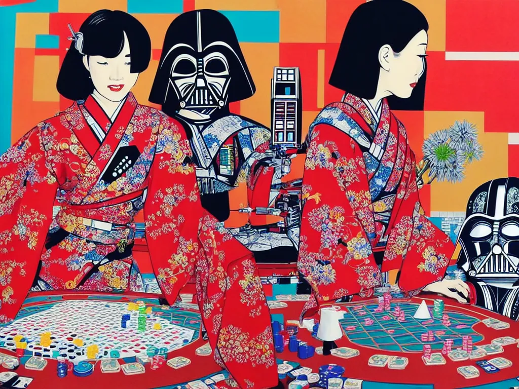 Image similar to hyperrealistic composition of the detailed woman in a japanese kimono with a ( ( c 3 p 0 ) robot head sitting at a extremely detailed poker table with darth vader, fireworks, mountain fuji on the background, pop - art style, jacky tsai style, andy warhol style, acrylic on canvas