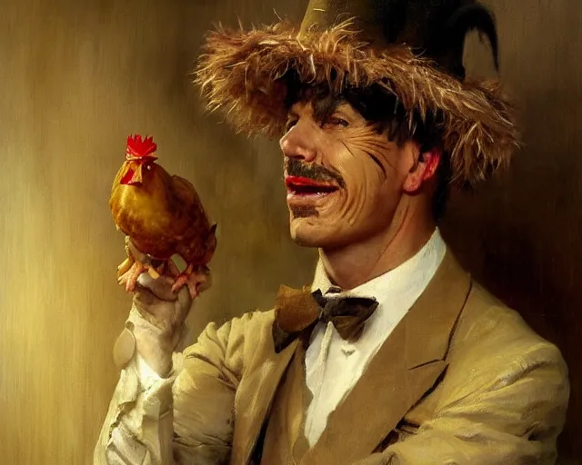 Prompt: portrait of a scary man dressed as a chicken, highly detailed painting by gaston bussiere, craig mullins, j. c. leyendecker 8 k