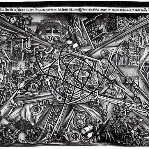 Prompt: the world is labyrinthine beyond possibility of imagining, inhabited on many levels by alien intelligence, infinite in extent, staggering in its beauty, terrifying in its weirdness, endlessly satisfying and peculiar, by albrecht durer