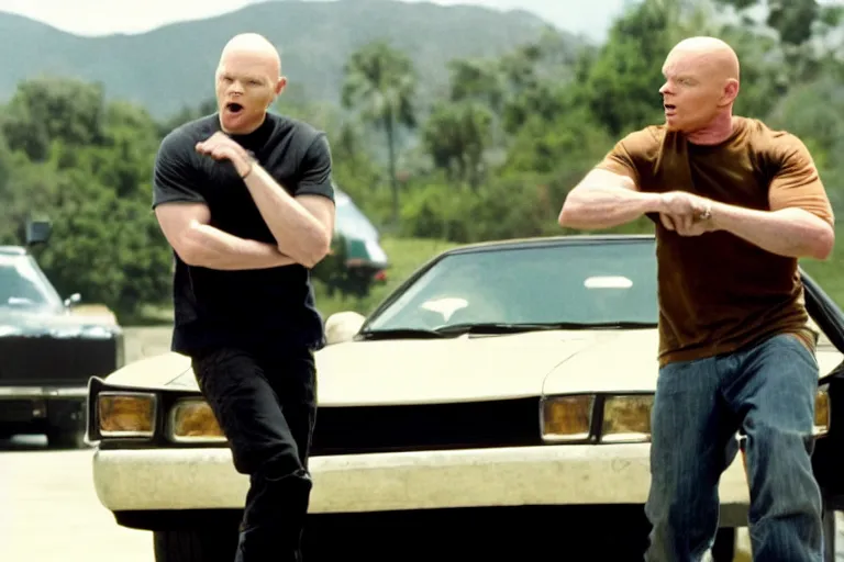 Image similar to a film still of Bill burr in 2 fast 2 furious, high quality