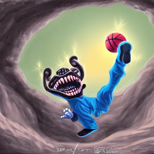 Image similar to a mimic jumping out of it's disguise as a basketball inside of a cave gnarling it's teeth ready to attack, fantasy, digital painting