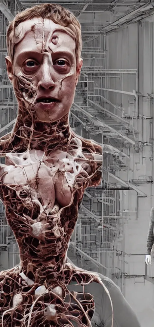 Prompt: horror of elon musk and mark zuckerberg fused together with scaffolding and pipes, body horror, pipes, disturbing, scary, dark, 4K, creepy