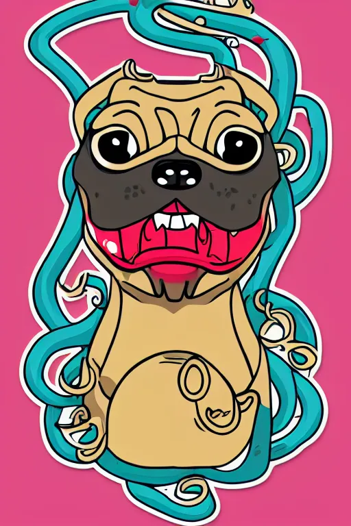 Image similar to Pug with tentacles, the devil, sticker, blood thirsty, spawn of Satan, burning in hell, blood, evil, colorful, illustration, highly detailed, simple, smooth and clean vector curves, no jagged lines, vector art, smooth