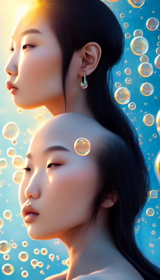 Prompt: photo of a gorgeous young asian girl , searching for eternity, cloud goddess, duality, far away dreams in bubbles in the style of stefan kostic, hyper realistic, sharp focus, 8k high definition, high fashion, vogue, insanely detailed, intricate, elegant, art by stanley lau and artgerm