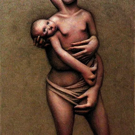 Prompt: giant infant holding adult tiny human in hand, beksinski intricate art
