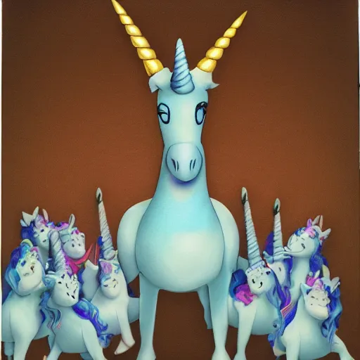 Image similar to by tony northrup mood, lavish robin egg blue, polaroid. a illustration of a pantomime unicorn onstage, surrounded by a group of children who are clapping & cheering. the unicorn is wearing a sparkly costume & has a long, flowing mane. its horn is glittering & its eyes are wide open.