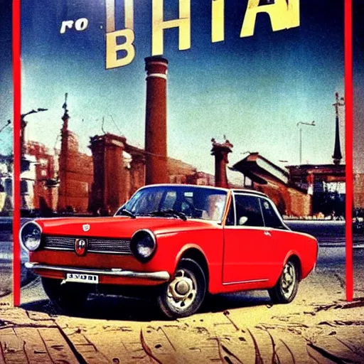 Image similar to @fiat 124 berlina@ in soviet city. Film poster. Epic cinematic