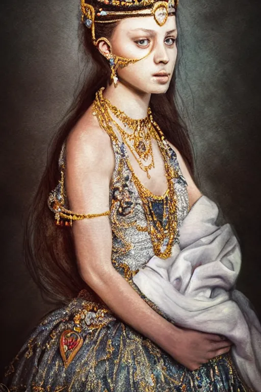 Image similar to beautiful very detailed portrait of a young princess with lots of jewelry and an Ultra Lux jade mask, full body, in the background there is a minimalistic throne, digital art , photos by Annie Leibovitz, moody, models by 500px, dramatic cinematic lighting rendered by octane, 8k, detailed, intricate, clean and textures, trending on artstation, deviantart google images, pinterest