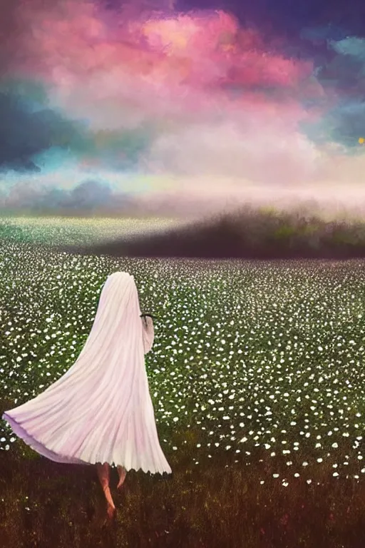 Image similar to giant white daisy flower veil, girl walking in a flower field, surreal photography, sunrise, dramatic light, impressionist painting, colorful clouds, digital painting, artstation, simon stalenhag