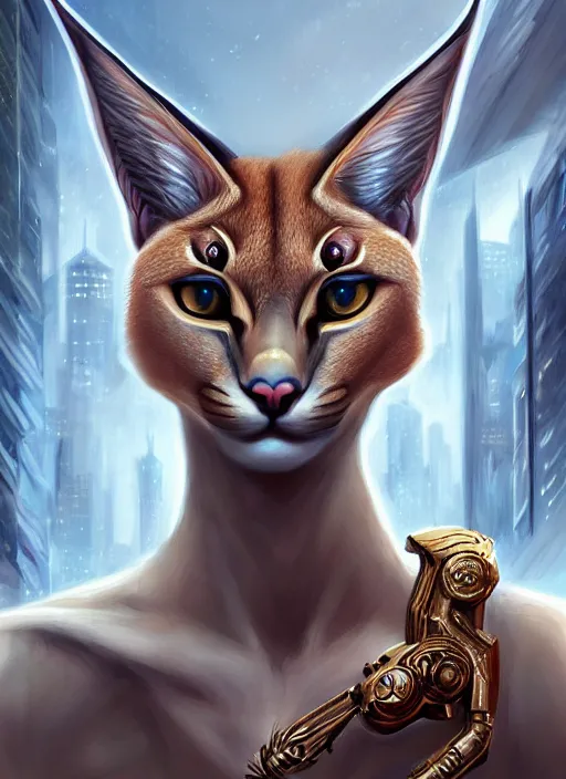 Image similar to cute caracal as apollo ancient greek god, details, fantasy, cyberpunk city, intricate, decadent, highly detailed, octane render, digital painting, artstation, concept art, sharp focus, illustration, art by artgerm, loish, wlop