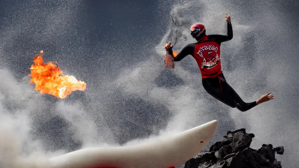 Image similar to person wearing a sponsored team jersey with logos jumping out of a helicopter with a surfboard into a volcano, action shot, dystopian, thick black smoke and fire, sharp focus