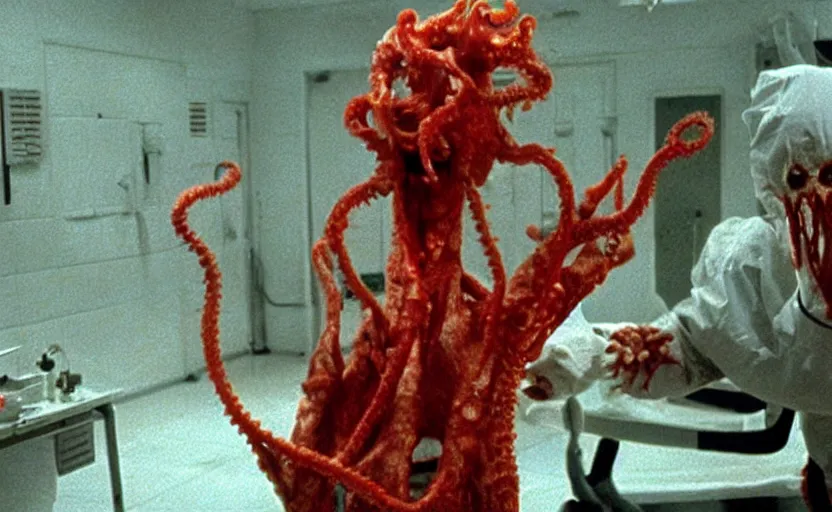 Image similar to scary filmic wide shot angle movie still 35mm film color photograph of a shape shifting horrific nightmarish abstract alien organism from The Thing 1982 spewing toxic spined tentacles made out of flesh strangling a doctor wearing a lab coat and surgical mask in the style of a horror film