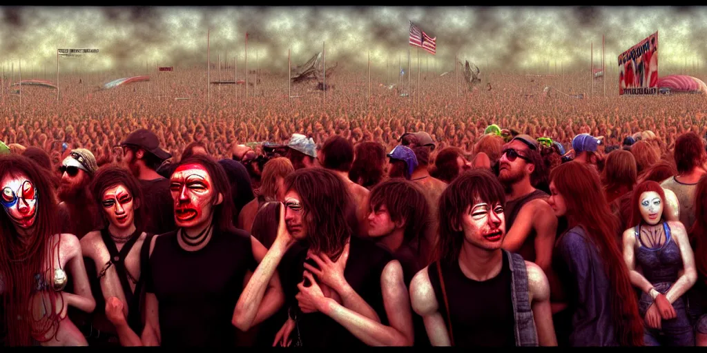 Image similar to Photorealistic people at woodstock 99 by H.R. Giger, KDA and Sam Yang, trending on artstation