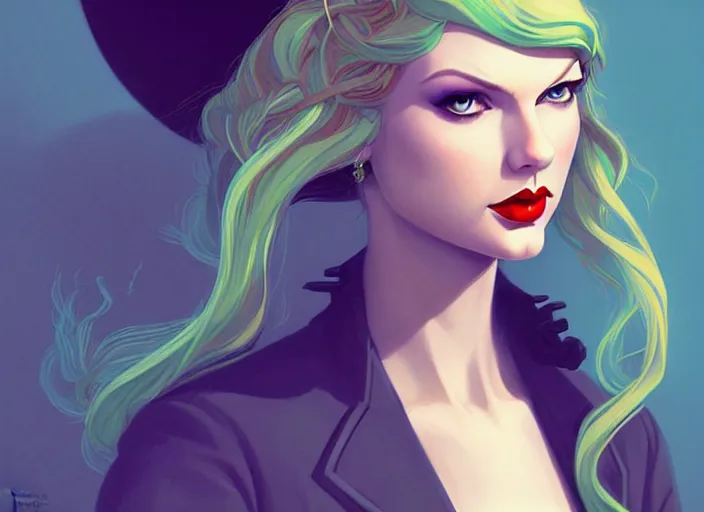 Prompt: style artgerm, joshua middleton, taylor swift with green dress, very long blue hair, symmetrical face, symmetrical eyes, steampunk western gunslinger, cinematic lighting