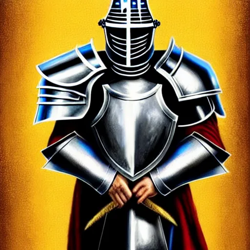 Image similar to full body!!!!!!, knights armor, donald trump, crown, donald trump's face!!!!!, detailed face, painting of a knight, boots, medieval castle background, valiant, concept art, by hans thoma