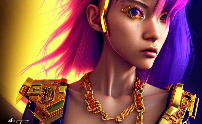 Prompt: hyperdetailed portrait of a stunningly beautiful cyberpunk cute model made of gold metals and shiny iridescent gems, bright rainbow nimbus, gold necklace, gold background inspired by ross tran and masamune shirow and kuvshinov, intricate, photorealistic, octane render, rtx, hdr, unreal engine, dnd digital art by artgerm