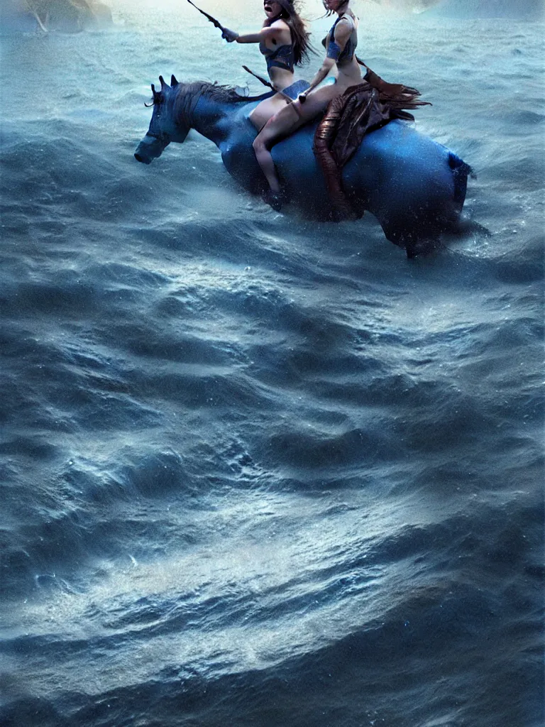 Prompt: a vintage photo of one sad female riding on the unicorn in the river, gloomy, strong subsurface scattering, cobalt blue floating in the river, art by greg rutkowski