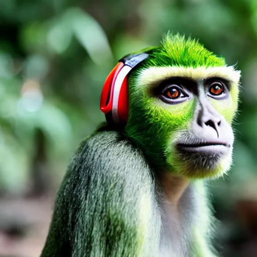 Image similar to a photo of a green monkey wearing headphones