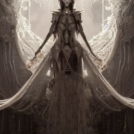 Prompt: female gothic robots with human organ and face, dressed in white intricate lace, veils and jewels, epic environment, matte painting, diffused lighting, highly detailed, cinematic, epic atmosphere, digital art, trending on artstation, wide angle