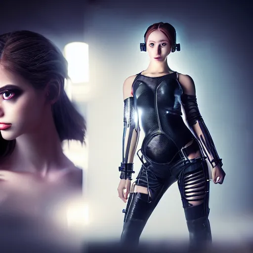 Image similar to a beautiful young woman, cyberpunk, cinematic, studio lighting, 8 k, highly detailed, rule of thirds