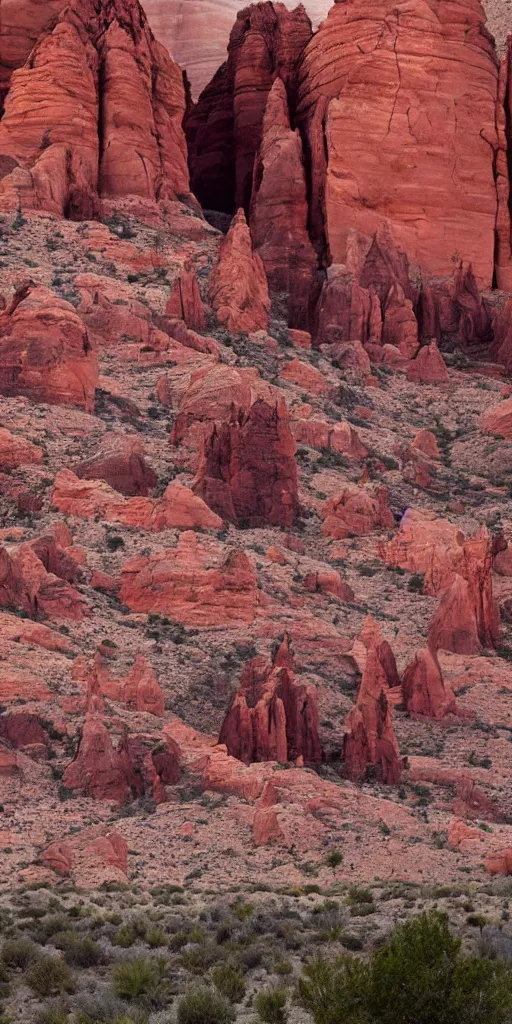 Prompt: an atmospheric film still by Ridley Scott with a huge towering dark gothic cathedral carved out of rock at the top of a red rock canyon