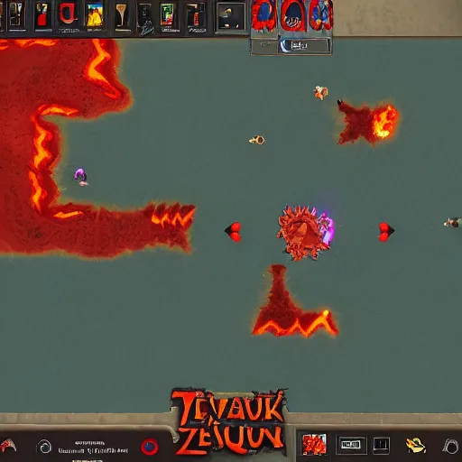 Image similar to TzKal-Zuk at the Inferno, old school runescape, lava river, magma, large shield of magma, obsidian pillars