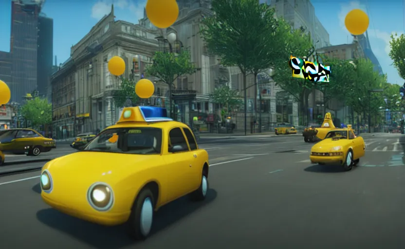 Prompt: ps 4 game about a cute frog driving a taxi, frog driving a taxi unreal 4 screenshot,