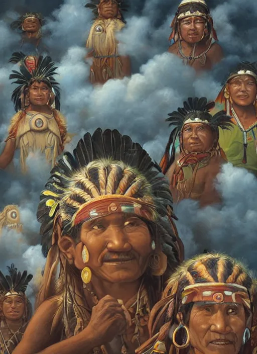 Image similar to faces of indigenous amazonian grandfathers and grandmothers spirits in the clouds, smiling, protection, benevolence, ancestors, detailed faces, religious painting, art by christophe vacher