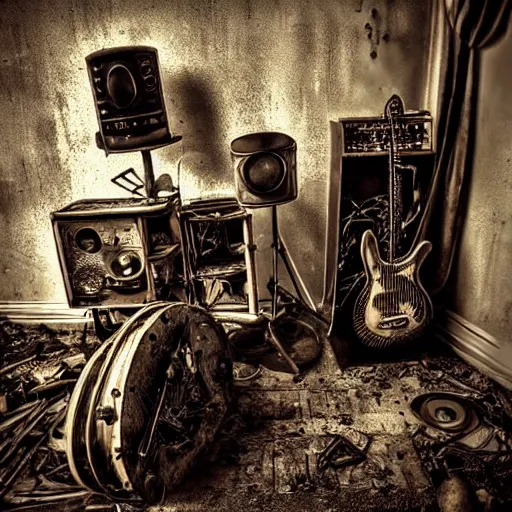 Prompt: “Broken up Steampunk guitar and dismantled steampunk drums and massive broken steampunk synthesizer keyboards in abandoned victorian mansion. Dark cinematic lighting. Fisheye lens. Minimalistic composition, detailed rendering. Old torn photograph. ”