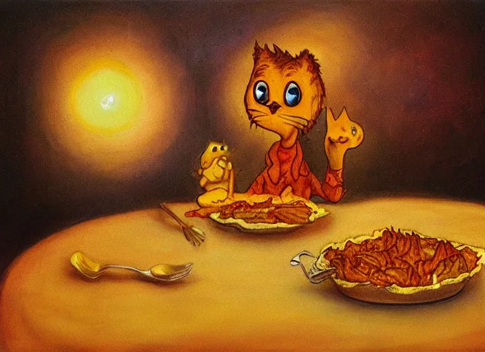 Image similar to surrealist impressionist painting of garfield eating lasagna at dusk, in the style of michael whelan and wayne barlowe