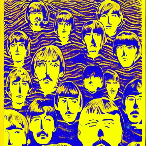 Image similar to we all live in a yellow submarine, drawing style, the beatles, psychedelic yellows