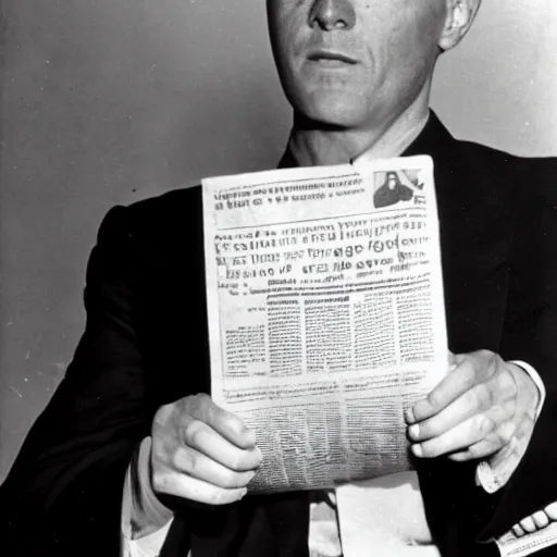 Prompt: a man in a suit and tie holding a newspaper, a photo by milton menasco, private press, associated press photo, american propaganda