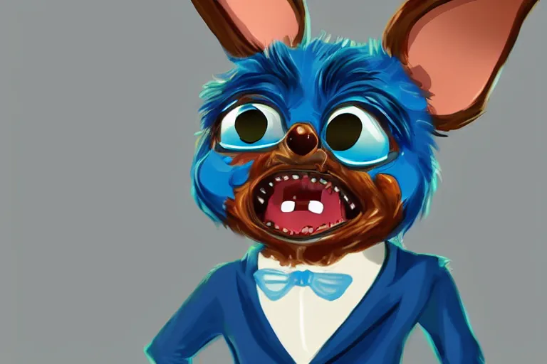 Prompt: a cute illustration of gizmo from the movie gremlins wearing a blue wedding suit and looking proud, digital art, trending on artstation
