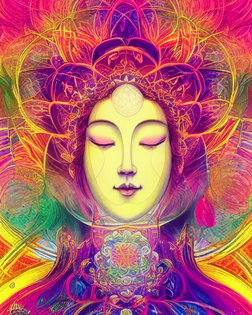 Image similar to flower of life contented peaceful bright eyes smiling bodhisattva, praying meditating, portrait, intricate, colorful, symmetrical, art by artgerm and wlop and james jean and carne griffiths, artstation 8 k uhd