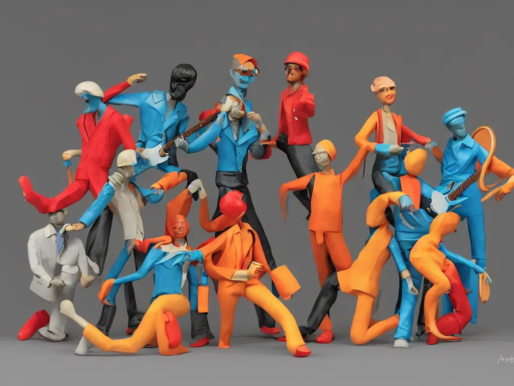 Prompt: 5 member funk band, thermoplastic - elastomer figurines, retro - vintage, neo soul, mixed media with claymorphism, matte color palette, designed by artstationhq, retro, 3 - dimensional, gouache 3 d shading, tilt shift, low fi,