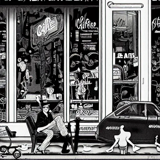 Image similar to drinking coffee in the streets, in the style of james jean, film noir, dark atmosphere