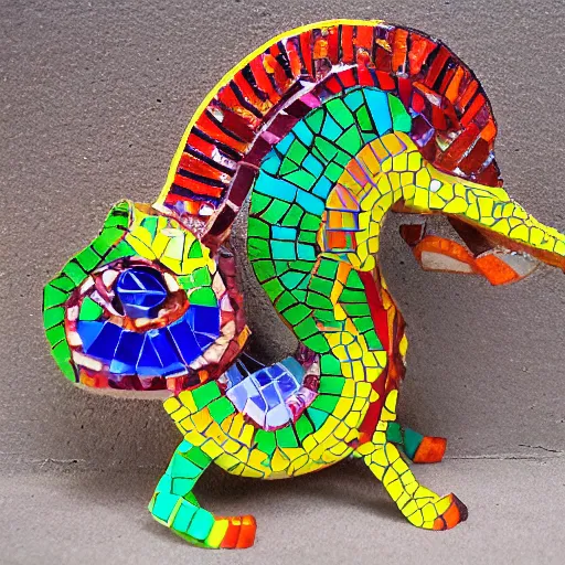 Prompt: mosaic sculpture of a alebrije chimera!!!, irregularly shaped mosaic tiles, hand glazed pottery shards, in the style of folk art, gallery photo