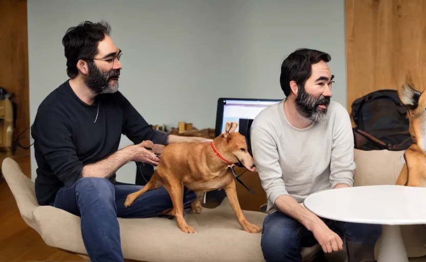 Prompt: adam buxton and his dog rosie recording a podcast with joe cornish. photorealistic