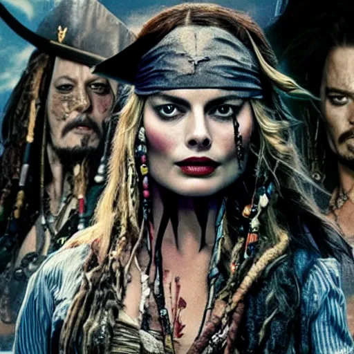 Image similar to margot robbie replacing johnny depp in the lead role in pirates of the caribbean ( 2 0 2 4 ) film poster