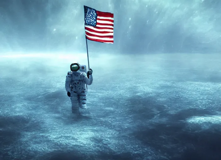 Image similar to astronaut holding a flag in an underwater desert. a submarine is visible in the distance. dark, concept art, cinematic, dramatic, atmospheric, 8 k, trending on artstation, blue, fish, low visibility, fog, ocean floor, christopher nolan, interstellar