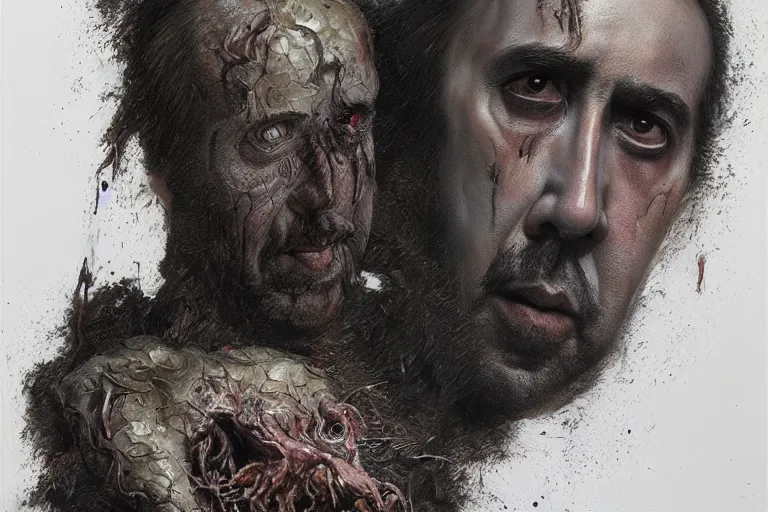 Prompt: Nicolas Cage face with body of rotten worm, dark fantasy, intricate, highly detailed, smooth, artstation, painted by Wayne Barlowe, Greg Rutkowski, zdislav beksinski, Francis Bacon