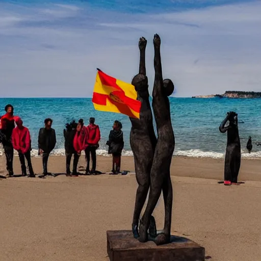 Image similar to This sculpture depicts a scene from the Spanish Civil War, which was a time of great turmoil and strife in Spain. The sculpture shows a group of people on a beach, with the ocean in the background. The people in the sculpture are all different sizes and shapes, and they are all looking in different directions. The sculpture is full of color and movement, and it is very expressive. The sculpture is also very powerful and emotional, and it has a very strong impact on the viewer. ivory by Suzanne Valadon flowing