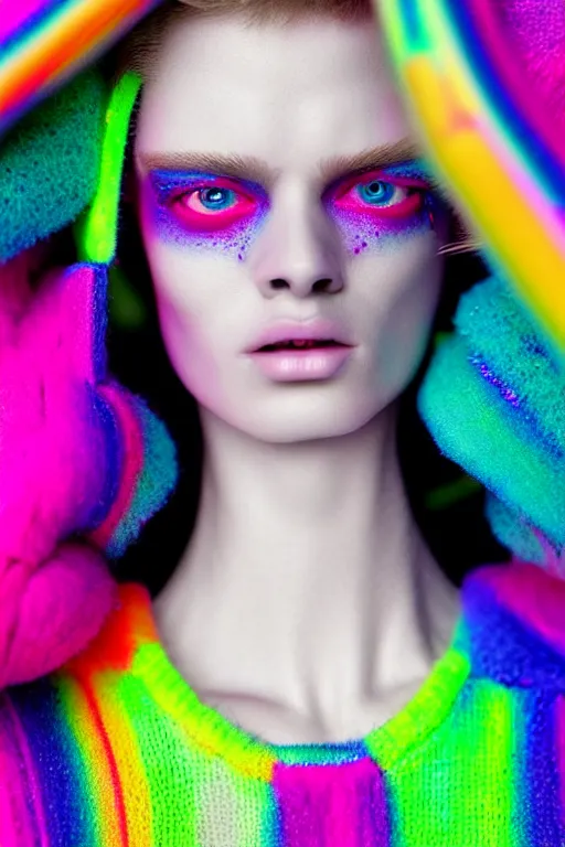 Image similar to stylish pullover for a rave bright colors, many details, photo for a magazine, photo for a store, fashion photography, Vogue, cinematic, hyper realism, high detail, 8k, very coherent symmetrical work, perfect face model, full length photo, Upper and lower body, white eyes, photographer style by Nik Night Erik Madigan Hec and Walter Chin and Camilla Akrans and Miles Aldridge