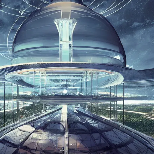 Prompt: “destiny skybox depicting a space elevator, a gigantic megabuilding, and several large glass domes with nature inside of them.”