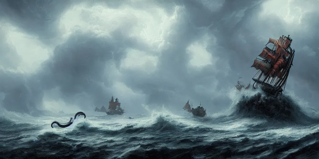 Prompt: Kraken attacking a pirate vessel as it sails on wild ocean waters during a thunderstorm, crashing waves, 4k, cozy wallpaper, trending on Artstation, award-winning, art by Greg Rutkowski