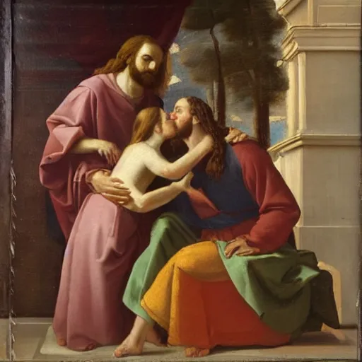 Image similar to 1 8 th oil panting of a jesus kissing with maria maddalena