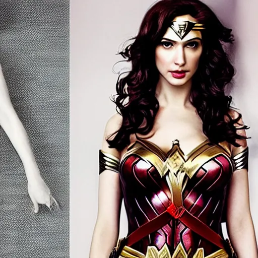 Prompt: portrait of christina hendricks and gal gadot hybrid as wonder woman by mario testino, detailed, award winning, sony a 7 r