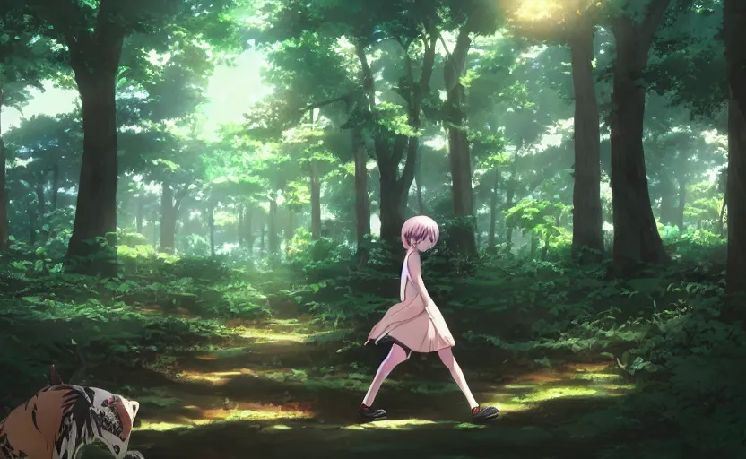 Prompt: An anime girl walking through a forest, surrounded by animals, anime scene by Makoto Shinkai, digital art