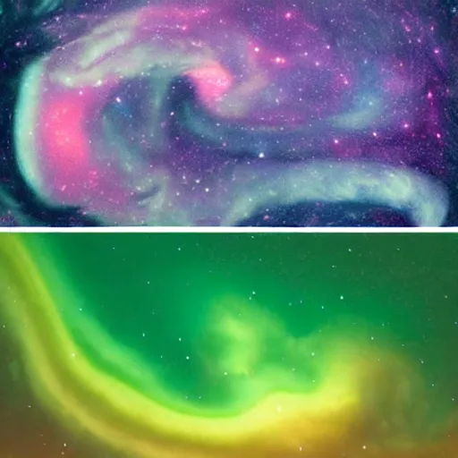 Image similar to a photo split into three horizontal sections. the top layer is the auora borealis. the middle layer is a mix between a giant squid, killer whale, and crab which swims under water amongst a school of colorful fish. the bottom layer is galaxies of outer space. 4 k, realistic