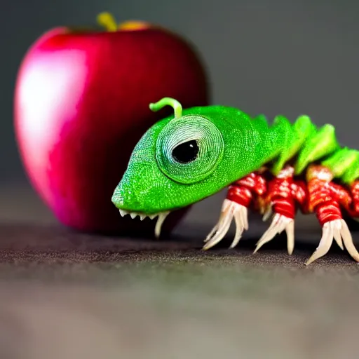 Image similar to a worm crawling out of an apple, epic, cinematic